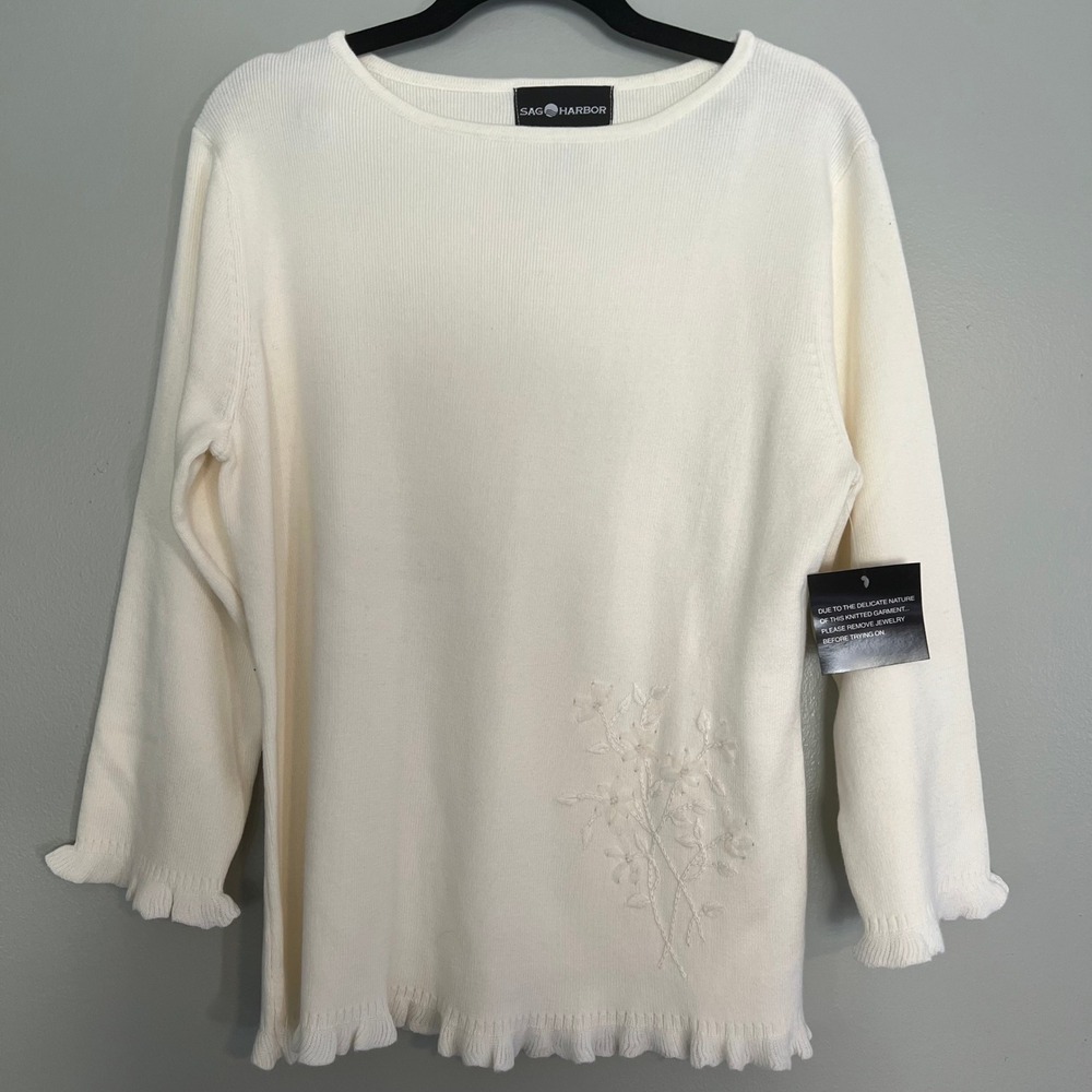 Sag Harbor Cream Ruffle Trim Floral Embroidered Knit Sweater Med cottagecore‎